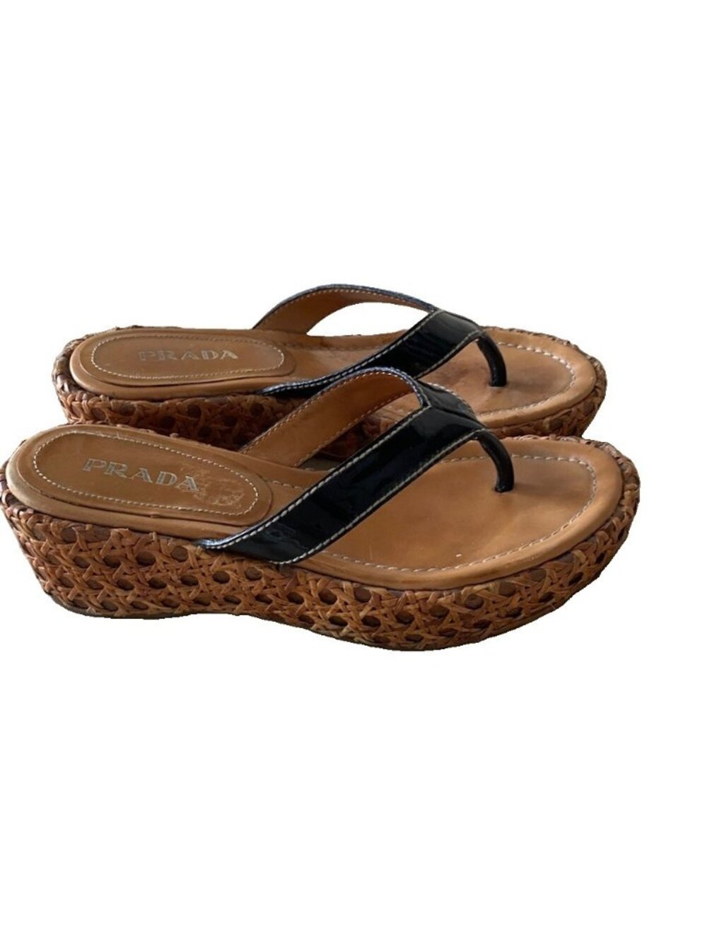 Prada Black Patent Leather Thong Wedge Sandals 6.5 Rattan Wicker Platforms 36.5
